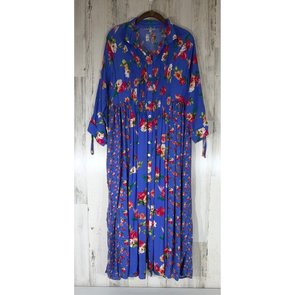 John Mark Midi Shirt Dress Small Blue Floral Pintuck Pleated Button Front Boho